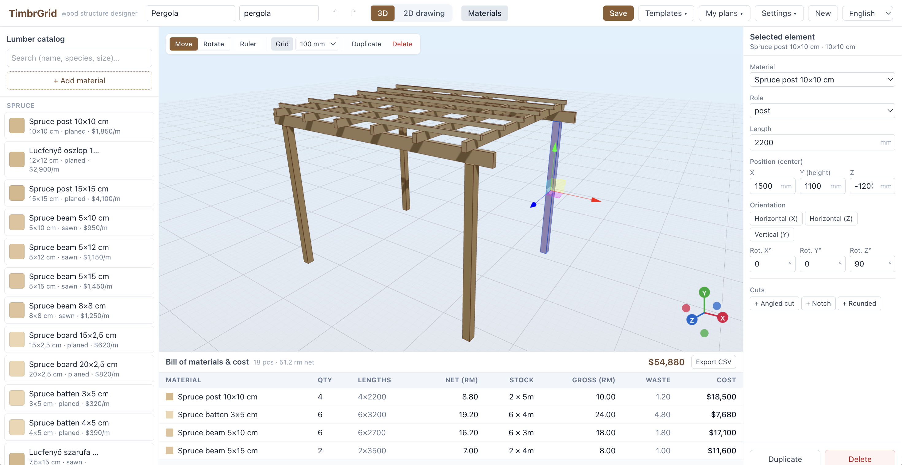 TimbrGrid app – pergola in 3D with live bill of materials